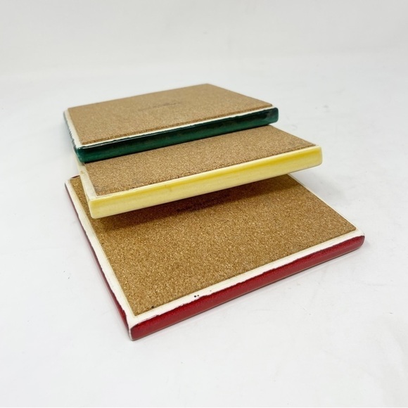 Set Of 3 Vintage FRASER CLAY WORKS Cork Back Tiles Trivets Red Green Yellow USA - Picture 7 of 10